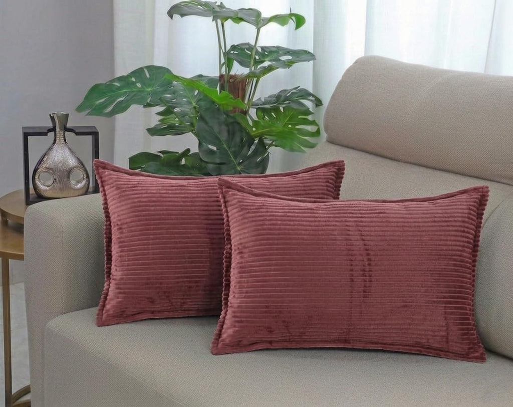 RD TREND® Corduroy Cushion Cover Set of 2, Striped Double Sided Decorative Throw Pillowcases for Sofa, Bed & Living Room Rectangular Long Cushion Covers 18x28 inches | Wine