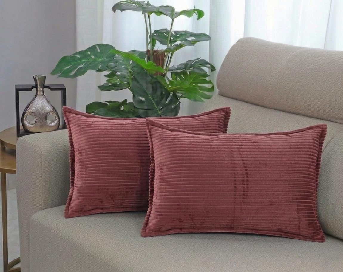 RD TREND® Corduroy Cushion Cover Set of 2, Striped Double Sided Decorative Throw Pillowcases for Sofa, Bed & Living Room Rectangular Long Cushion Covers 18x28 inches | Wine