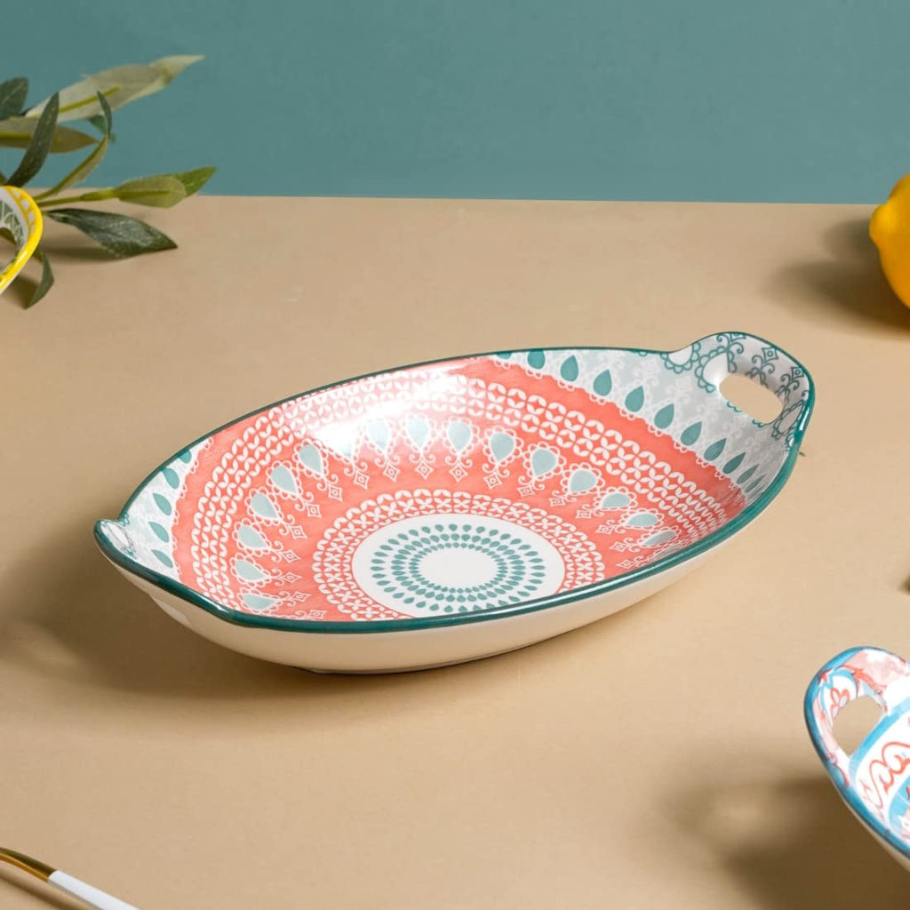 Nestasia Mandala Ceramic Long Dish with Handles (10.8 Inch) - Elegant Oval Serving Platter for Snacks, Appetizers, Salads, and Noodles | Microwave & Dishwasher Safe (Red & Green)