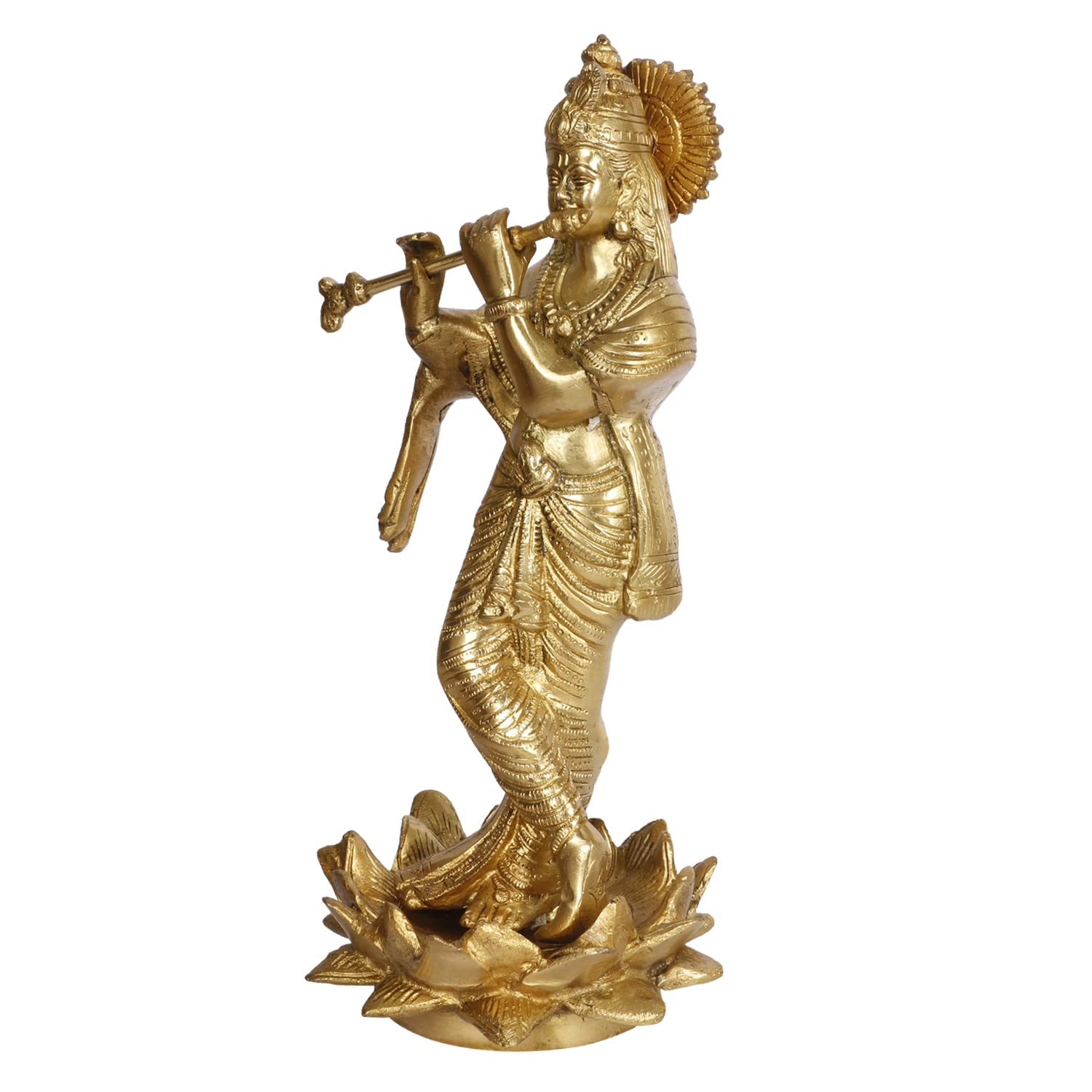 ARTVARKO Brass Krishna Statue Standing on Lotus Playing Flute God Religious Idol Figurine Home Decor Gold Color 11 Inches