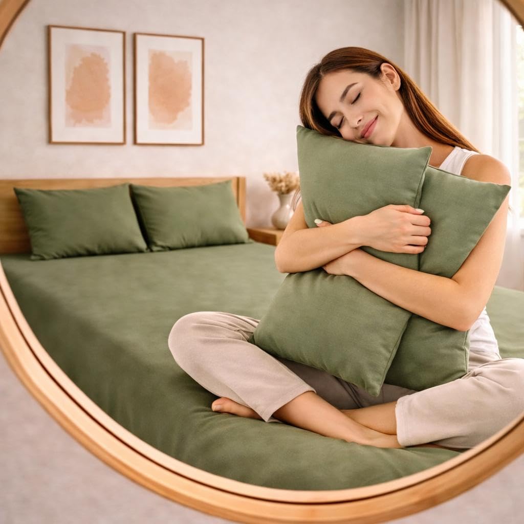 THE HOME STYLE Solid Cotton Feel Pillow Covers (18 x 28 inches, Set of 2 Pcs) | 300 TC | Super Soft & Smooth (Olive Green)