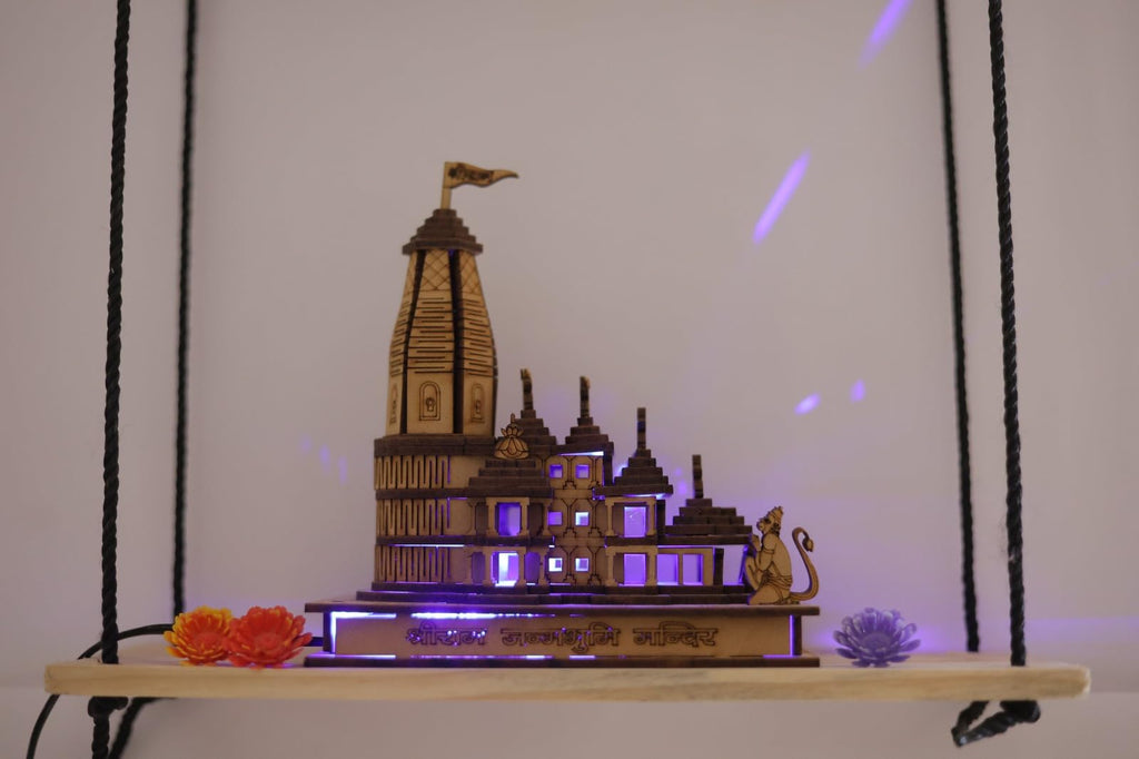 HaridwarDivine Shri Ram Mandir Ayodhya Mandir for Home, Ideal for Home Decor, Temple and Best Gift, Brown -with Multicolour LED Light