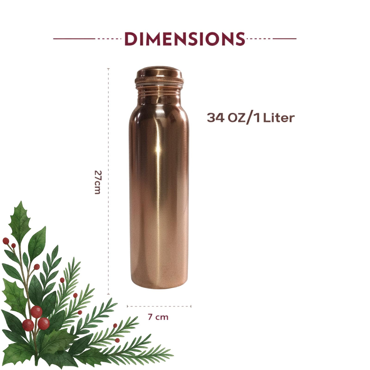 Rajlakhi Copper Water Bottle 1 Ltr Pure Ayurvedic Copper Bottle for Drinking Water | Copper Bottle 1 Ltr Leak Proof Design | Tamba Pot, Pure Tambe Ka Metal Bottles for School Kids & Women Daily Use.