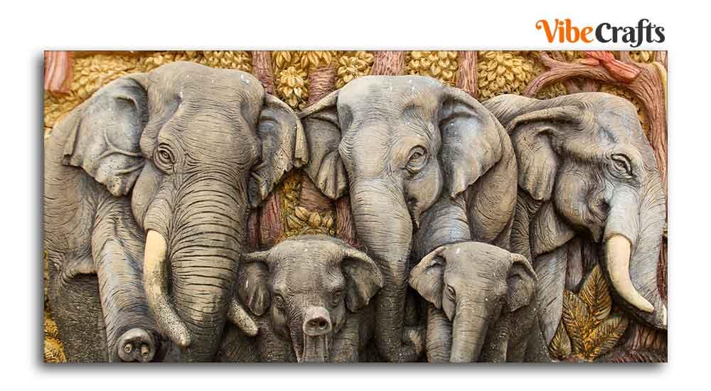 VIBECRAFTS Beautiful Elephant Native Thai style Molding Art Premium Canvas Wall Painting With Frame for Living Room Drawing Room Home|Office|Gift (PTVCH_2208N)