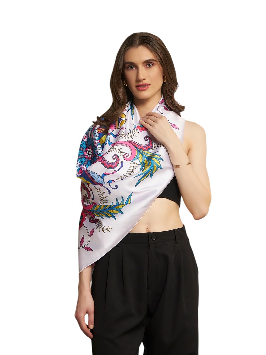 Ravaiyaa - Attitude is everything Women Silk Digital Print Large Square Scarf Breathable Lightweight Neckerchief Printed Headscarf 40 x 40 Inch (White & Pink Blow Files)