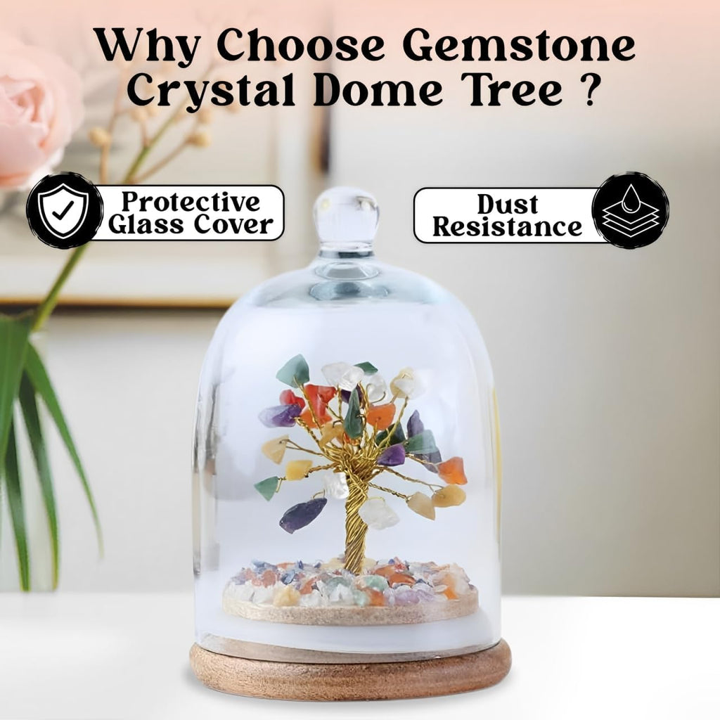 JD FRESH Original Certified Seven Chakra Crystal Tree with Glass Dome/Natural Gemstone Tree/Natural Healing Gemstone Bonsai for Meditation/Wealth/Vaastu/Office/Desk/Decor Gifts