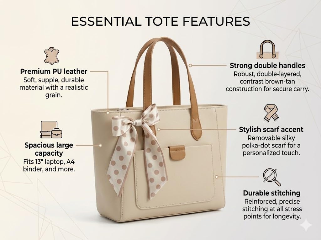 PAVILONN Women Tote Bag PU Leather Handbag Beige | Ladies Shoulder Bag for Women Office College | Large Designer Handbag with Bow Detail, Stylish Daily Use Fashion Bag