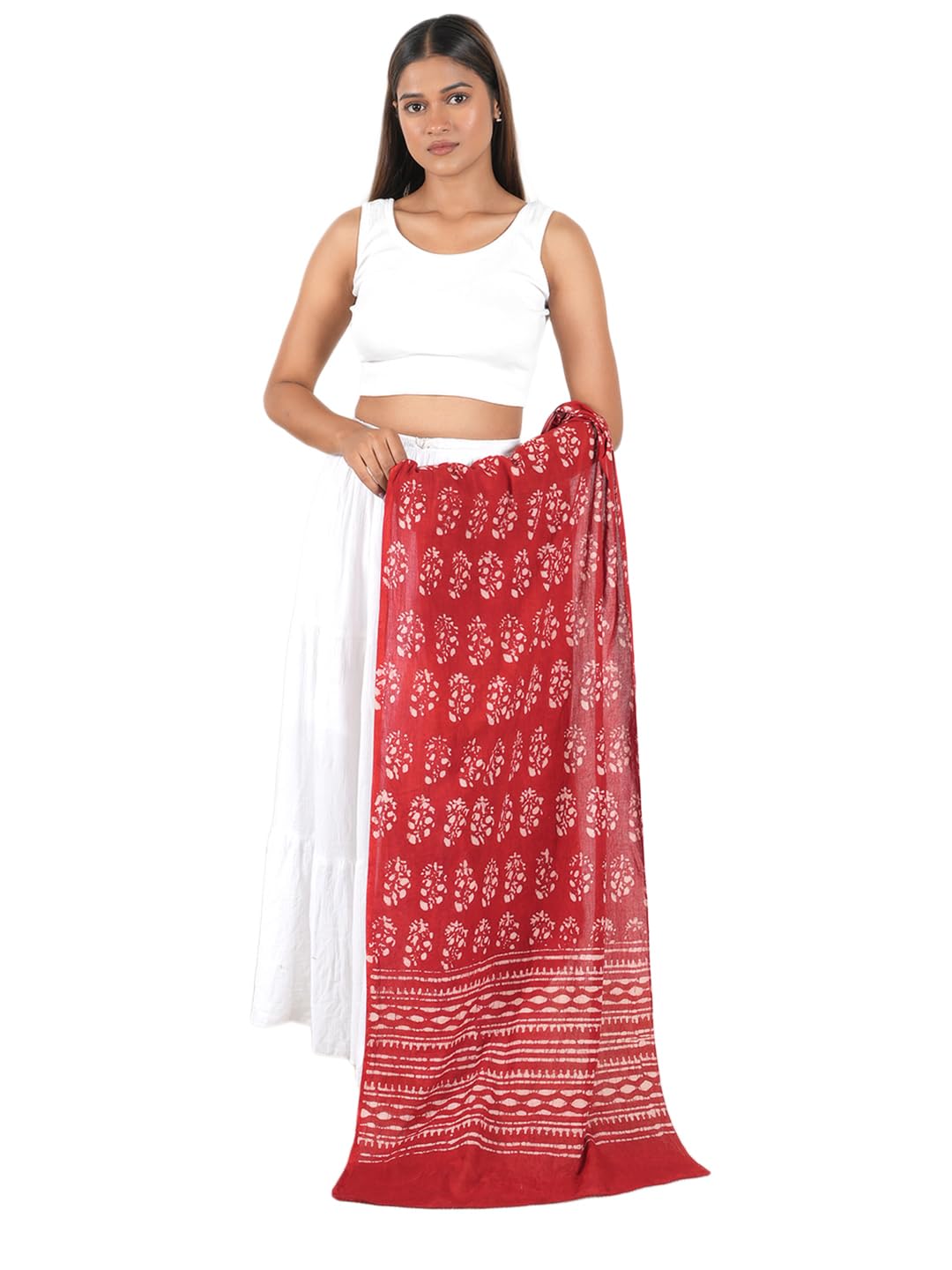 Gutthi Women's Cotton Stoles | Scarf Lightweight & Comfortable for All Seasons | Soft Floral Scarves, Size (100X180 CM) (Red)