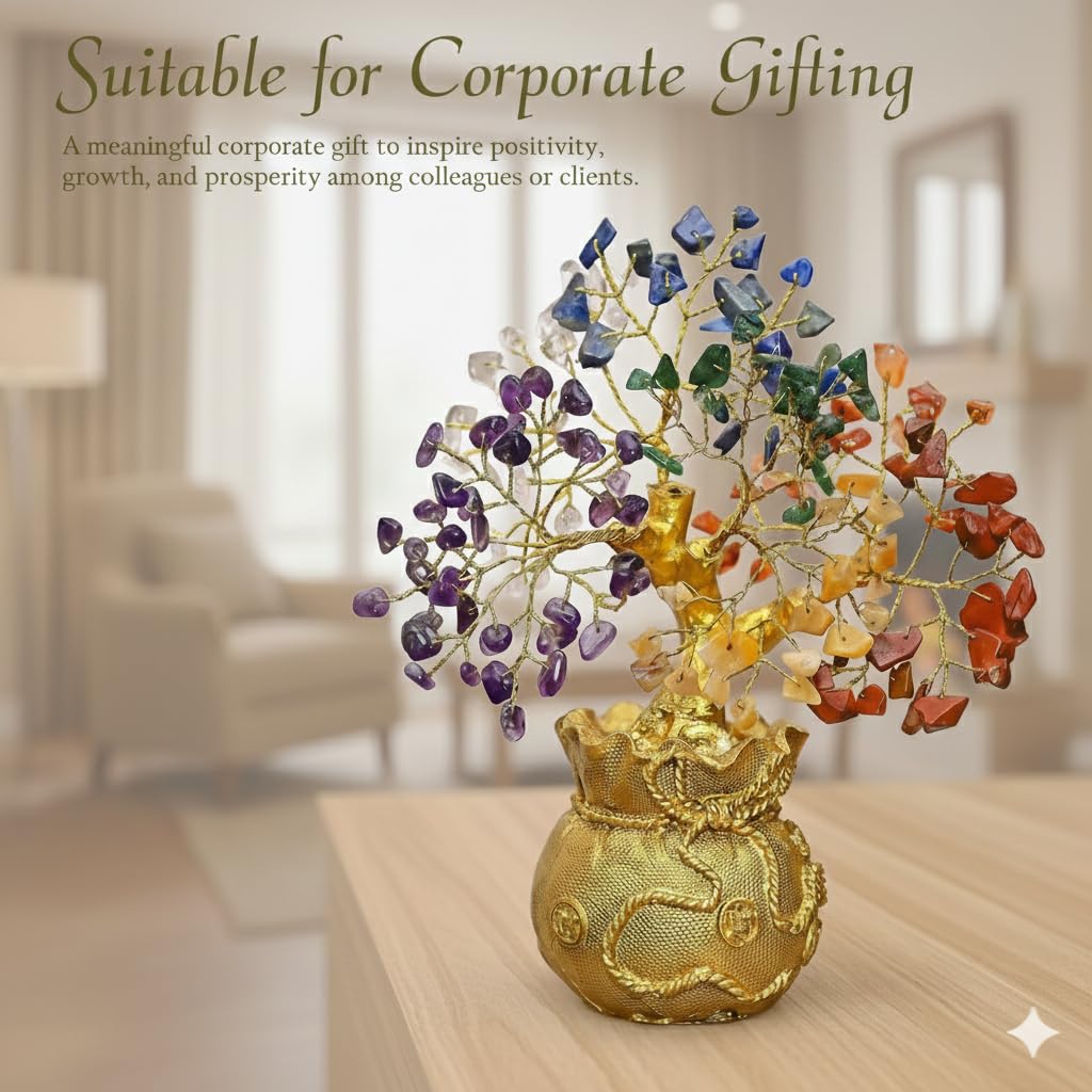 7 Chakra Crystal Tree with Golden Money Bag Base | Natural Gemstone Money Tree for Wealth Prosperity & Positive Energy | Feng Shui Vastu Tree for Home Office Decor & Good Luck Gift