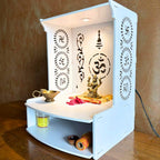 HomScape Om Wooden Wall Mounted Temple for Home, Office, Living Room | White Pooja Mandir with LED Light & Storage Shelf | Small Wooden Temple 15.8 Height | Home Temple Decor with Storage Cabinet