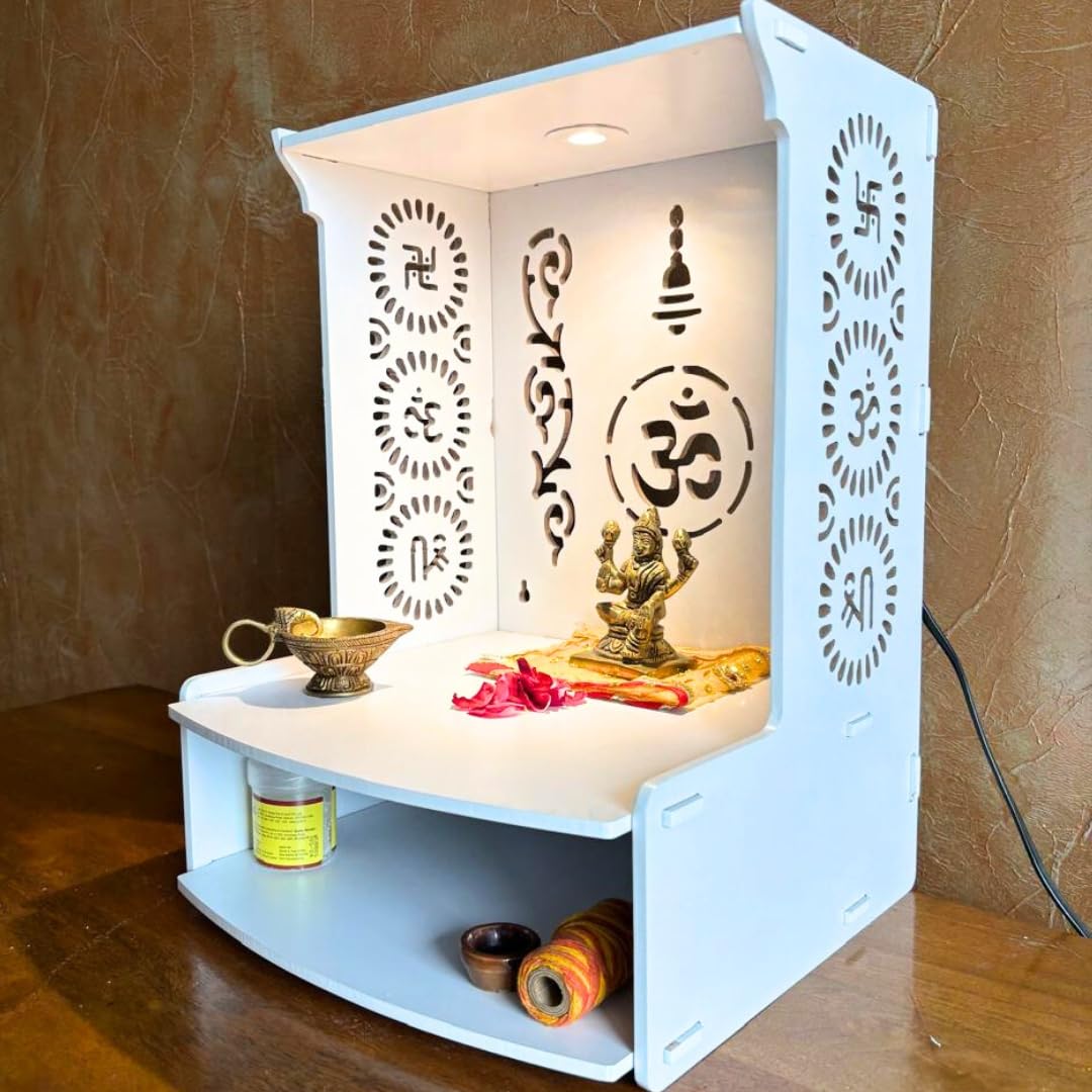 HomScape Om Wooden Wall Mounted Temple for Home, Office, Living Room | White Pooja Mandir with LED Light & Storage Shelf | Small Wooden Temple 15.8 Height | Home Temple Decor with Storage Cabinet