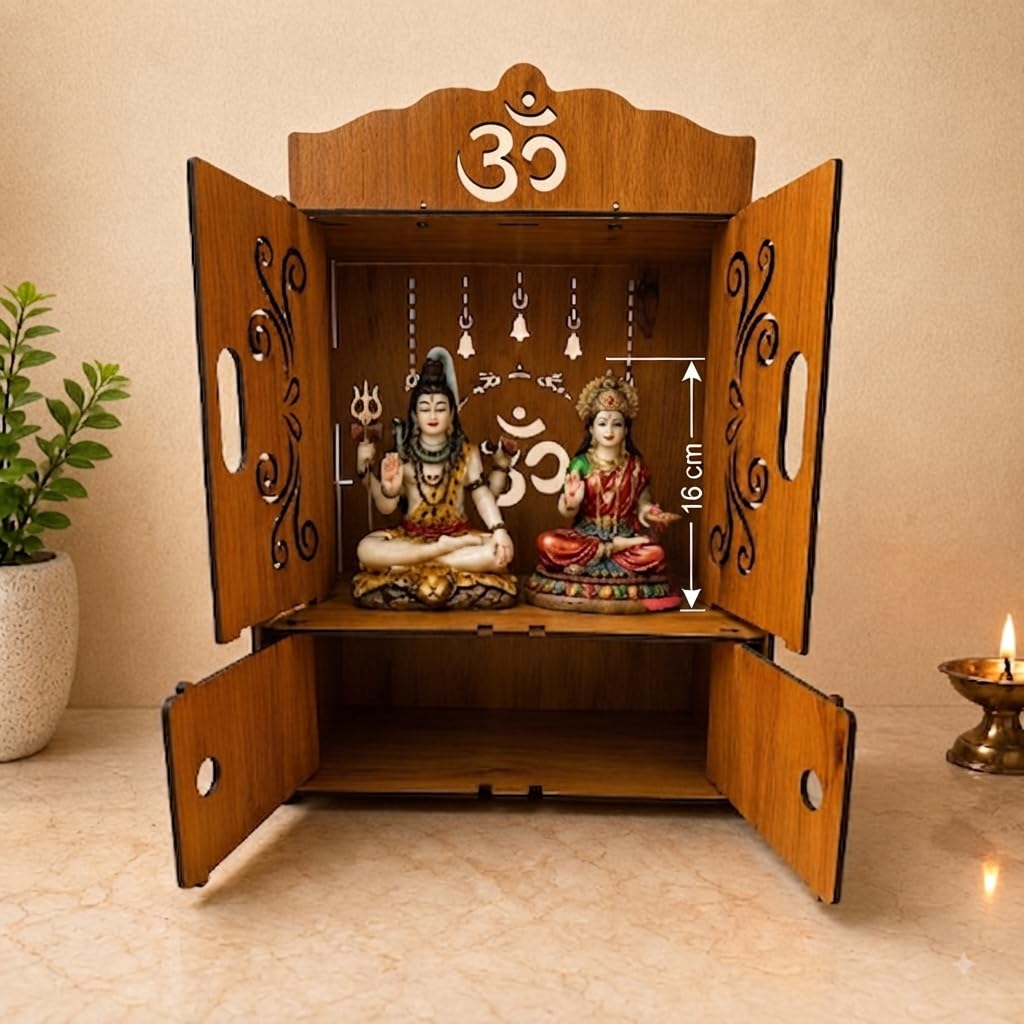 Privla Wooden DIY Small Size Home Temple with Door & Drawer Engineered Wood Pooja Mandir for Home-Office | OM-with Bells Design | Wall Hanging & Floor Resting Mandir (OM with Bells-) 36 * 20 * 25