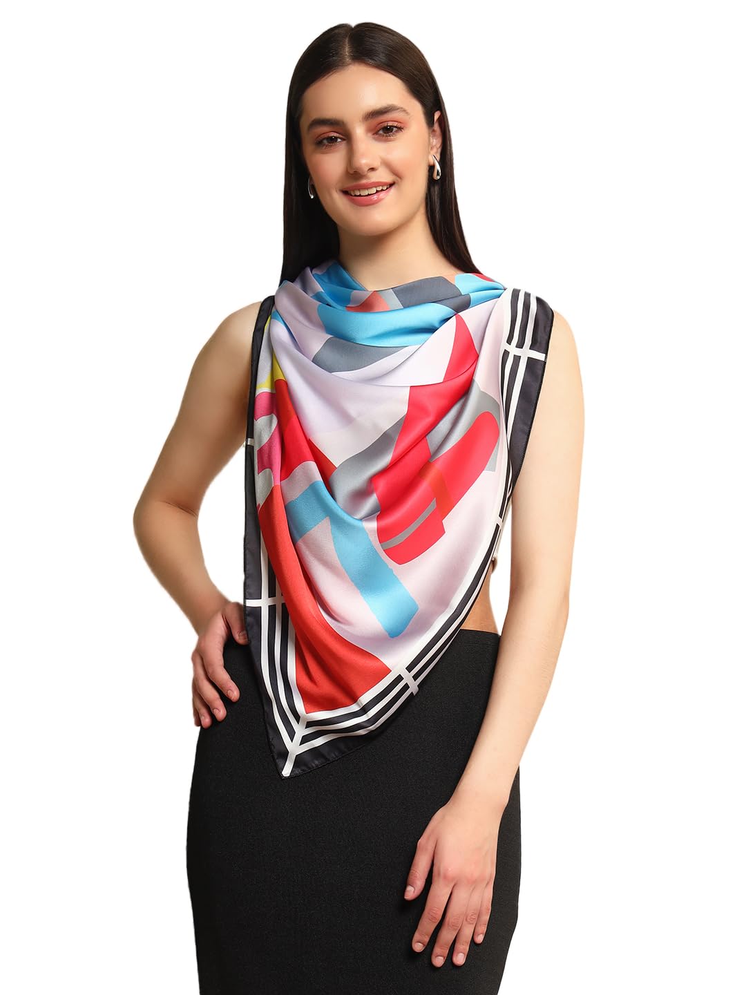 Ravaiyaa - Attitude is everything Women's Crepe Silk Digital Print Large Square Scarf Breathable Lightweight Neckerchief Printed Headscarf 40 x 40 Inch (White & Black Horse Riding)
