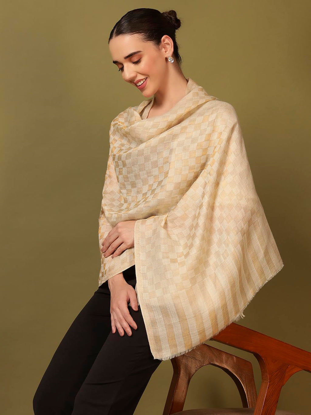 Pashmoda Women Champagne Check Reversible Zari Moonlight Fine Wool Stole (Size : 28x80in, 71X203cm) ZSST02