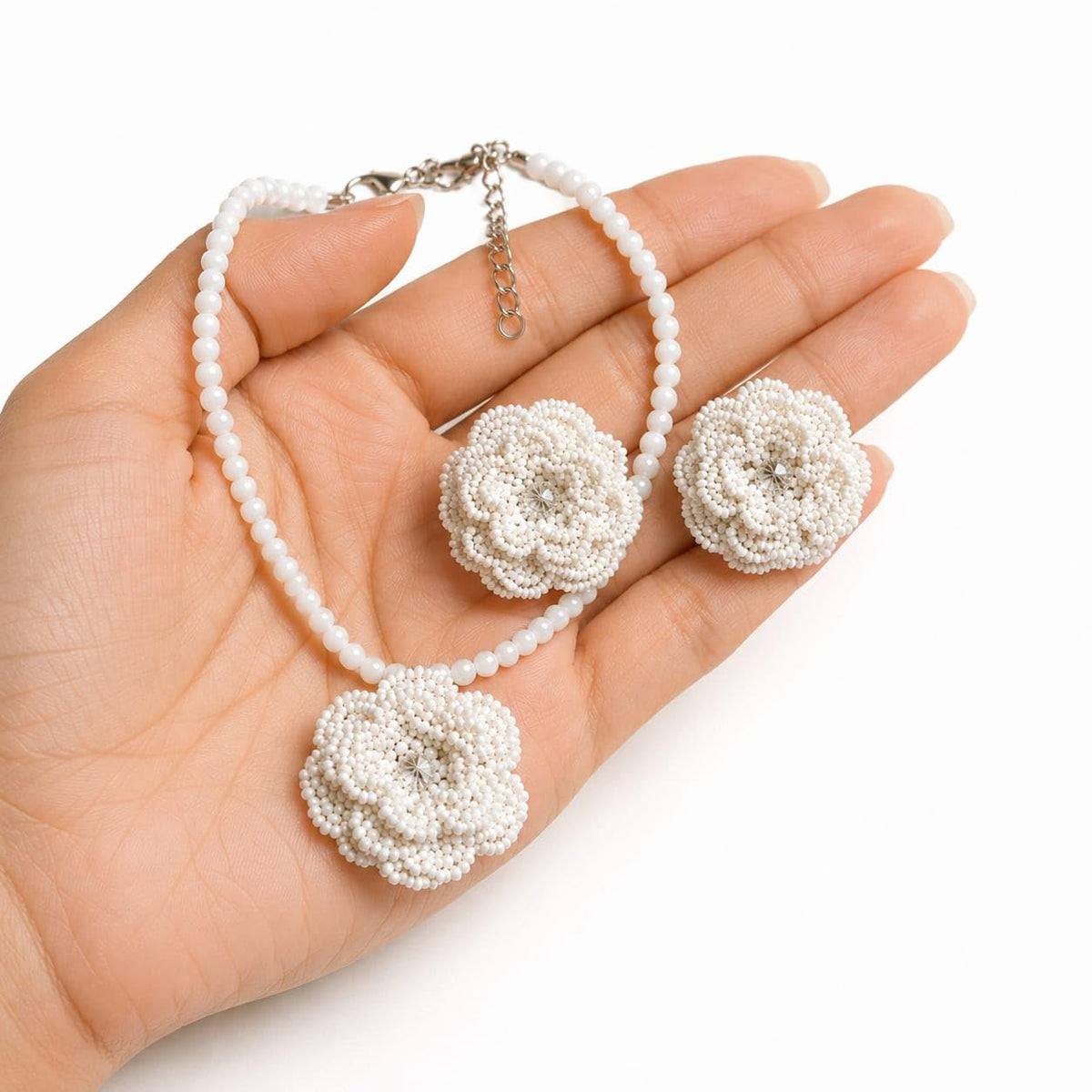 KRITAARTH White Beaded Floral Jewelry Set for Women | Handmade Flower Necklace with Matching Stud Earrings | Elegant Pearl Bead Choker Set | Party , Wedding, Bridal, Festive & Traditional Jewellery Gift