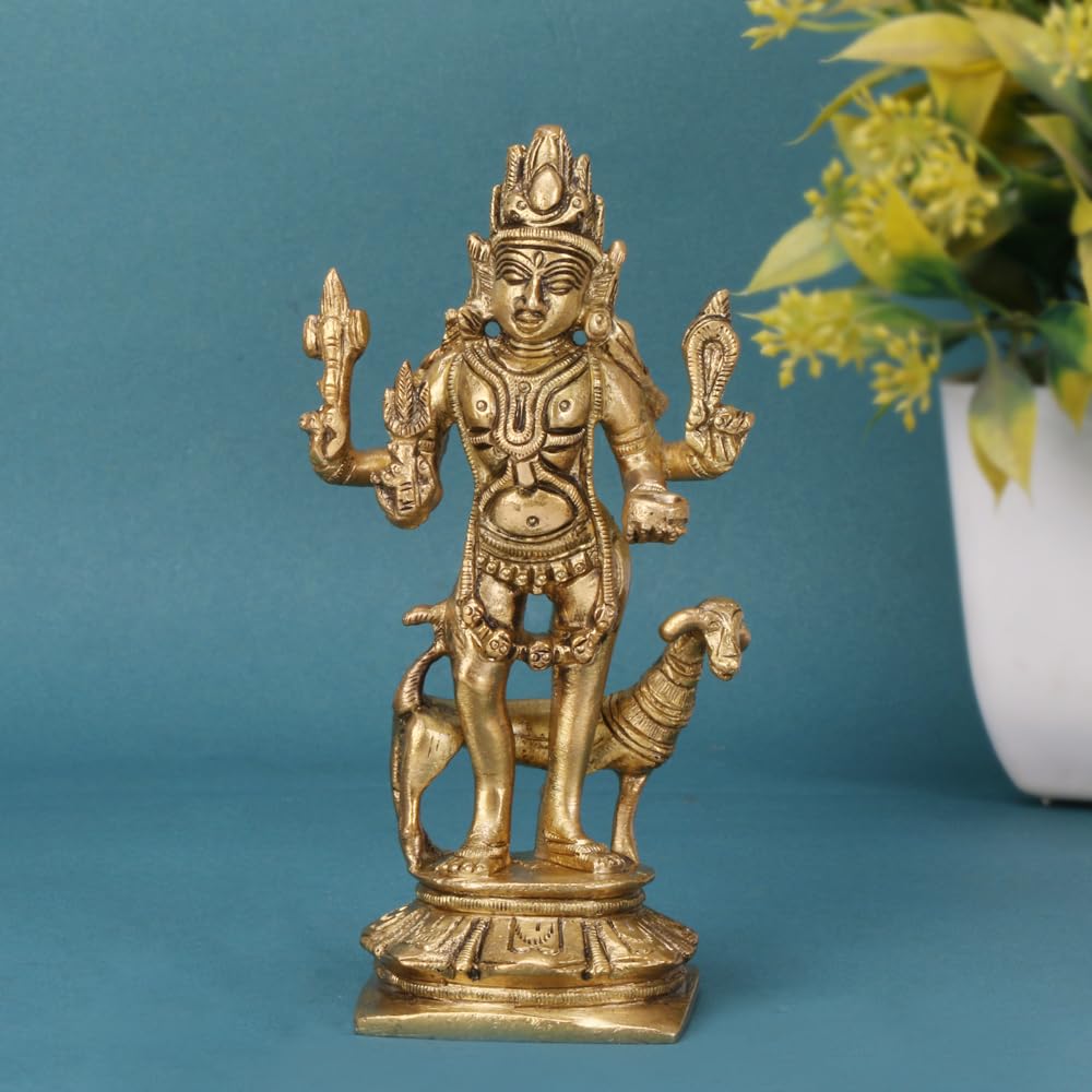 SVARUP Brass Kaal Bhairava with Dog Statue Maha Kala Murti Batuk Bhairava Puja Home Decor Idol (Gold Color 5.5 Inch 550 Gram)