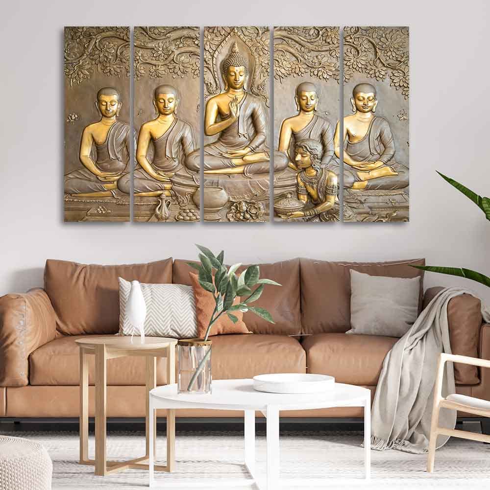 VIBECRAFTS Buddha In Temple 5 Pieces Canvas Wall Painting For Home | Office | Living Room | Gift (PTVC5Pcs4_8510)