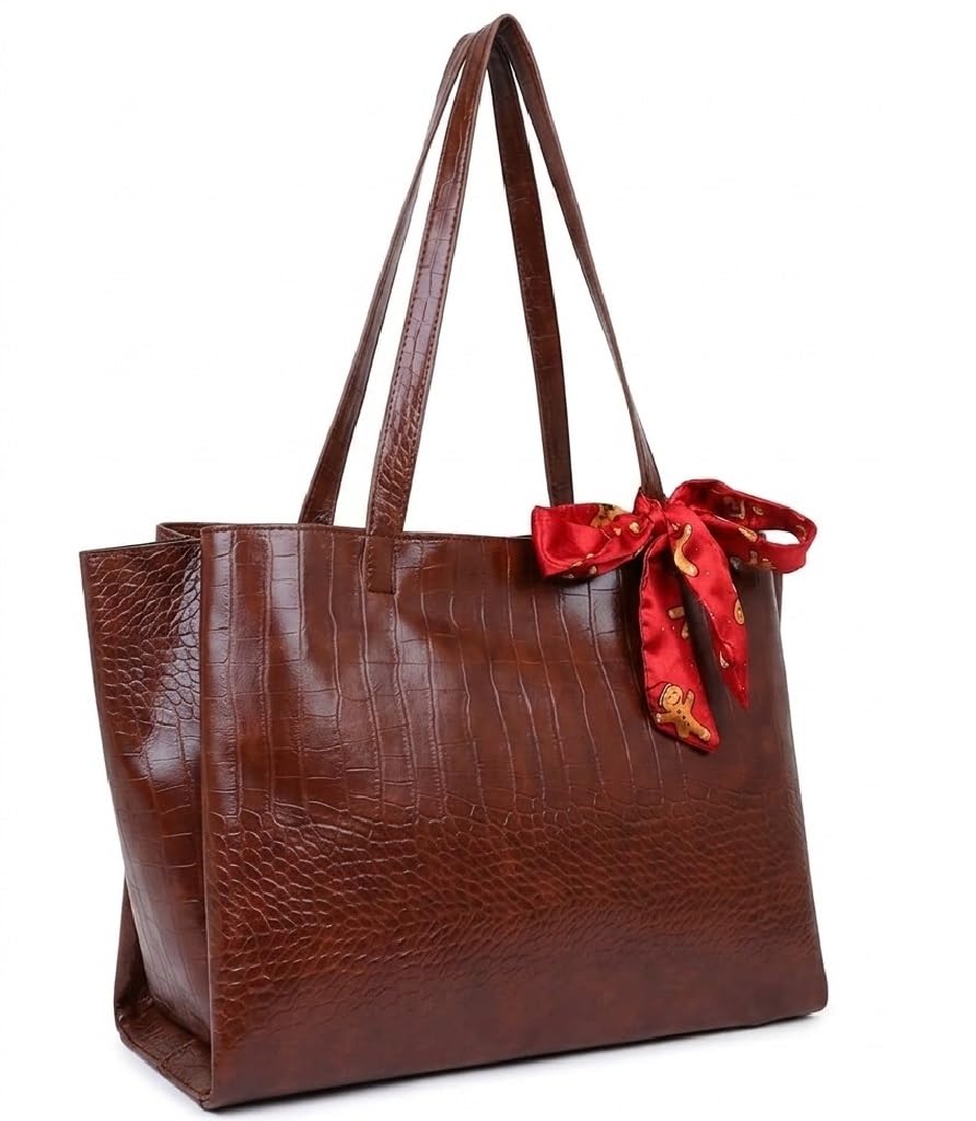 DANIEL CLARK Large Crocodile Texture Tote Bag |PU Leather Shoulder Handbag for Office, Shopping & Travel Handbag with ribbon scarf for Women & Girls