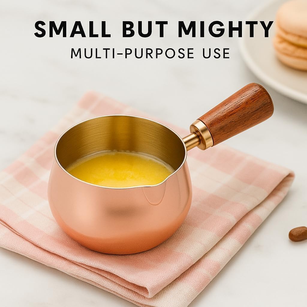 Yopple Mini Milk Pan with Wooden Handle Premium Stainless Steel Coffee Warmer Pot with Copper Finish Small Sauce Pan for Coffee, Butter Melting, Tea, Sauces and Daily Kitchen Cooking Use