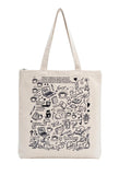 Velmora Canvas Tote Bag for Women and Girls, Printed Cotton Shopping Bag with Long Handles, Reusable Carry Bag with Cat Coffee Book Doodle Print, Lightweight Casual Shoulder Bag, Black(Pack of 1)