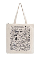 Velmora Canvas Tote Bag for Women and Girls, Printed Cotton Shopping Bag with Long Handles, Reusable Carry Bag with Cat Coffee Book Doodle Print, Lightweight Casual Shoulder Bag, Black(Pack of 1)