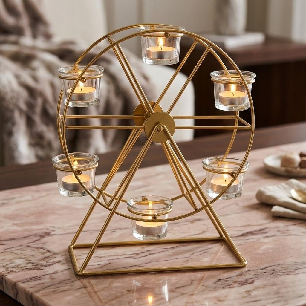 RahaDecor Ferris Cartwheel Tealight Candle Holder 31 cm | Gold Metal Decorative Candle Stand | Tabletop & Centerpiece Tea Light Holder for Living Room, Dining Table, Wedding, Festive & Home Decor