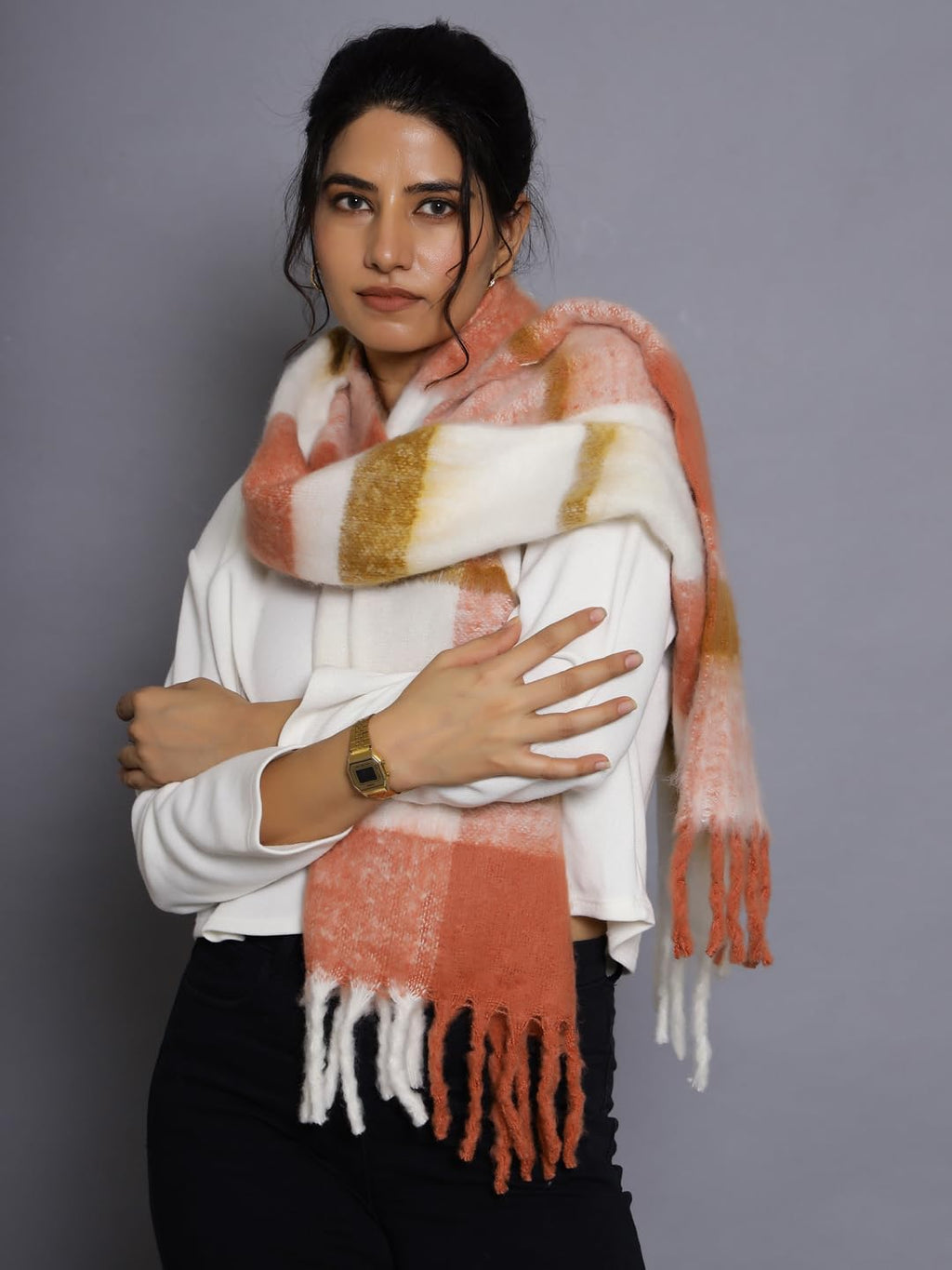 Ravaiyaa - Attitude is everything Women Reversible Acrylic Wool Scarf Winter Wear Muffler Designer Scarves 72x12 Inch (Coral)