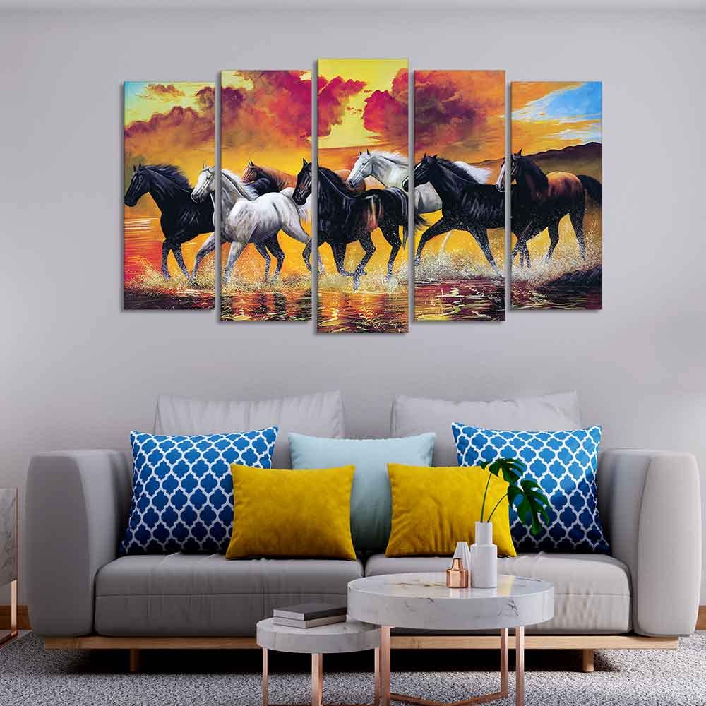VIBECRAFTS Running Seven Horses Wall Painting of Five Pieces For Home|Office|Living Room|Gift (PTVC5Pcs2_6538)