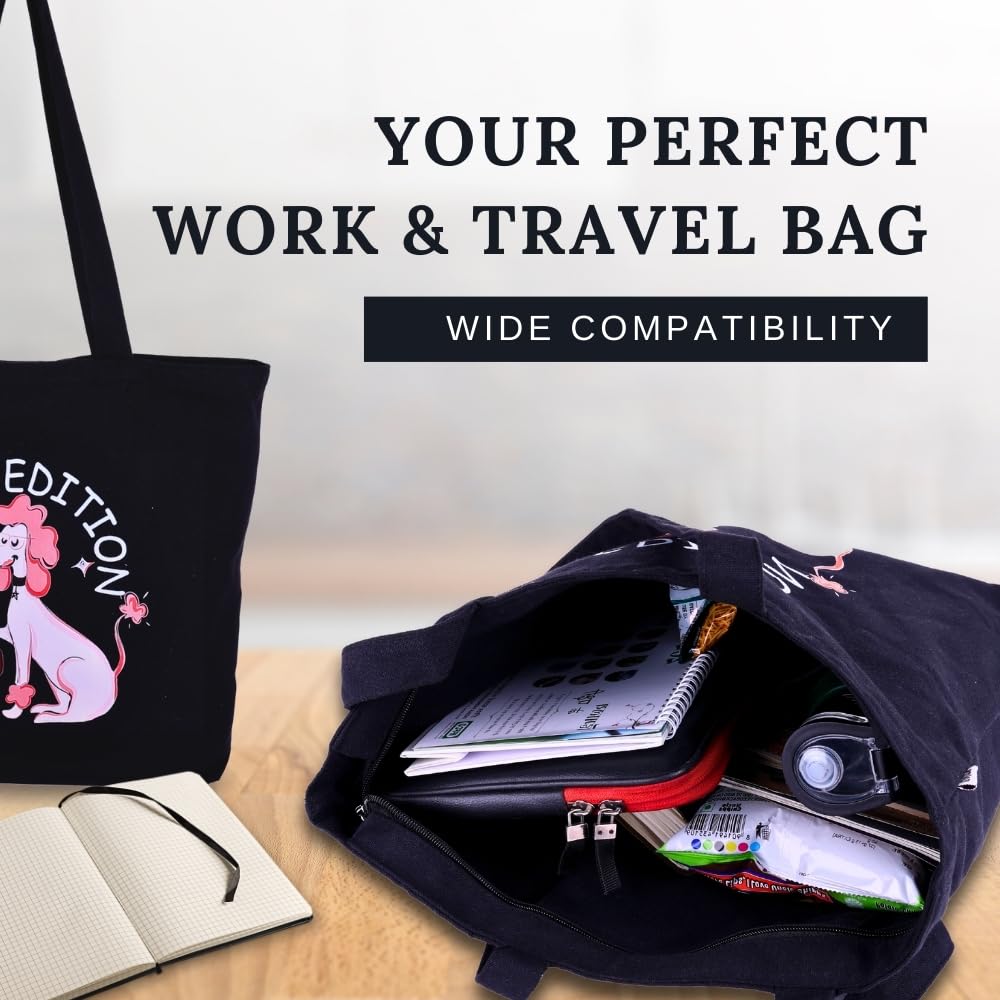 DANIOO DON'T WORRY WE CARRY Large Shopper Canvas Tote Bag With Zipper And Pocket For Women And Girls With Bottle Holder, Multipurpose College Tote Bag | Travel Hand Bag | Shopping Bag (Black)
