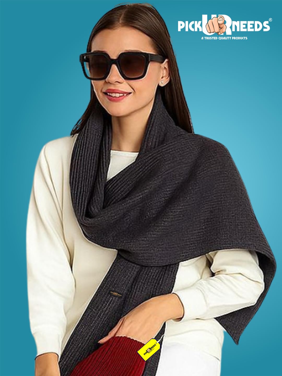 Pick Ur Needs Women Winter Woolen Muffler with Trendy Patch Design Soft Warm Knitted Scarf for Girls & Ladies Stylish Casual Mufflers (Dark Grey)