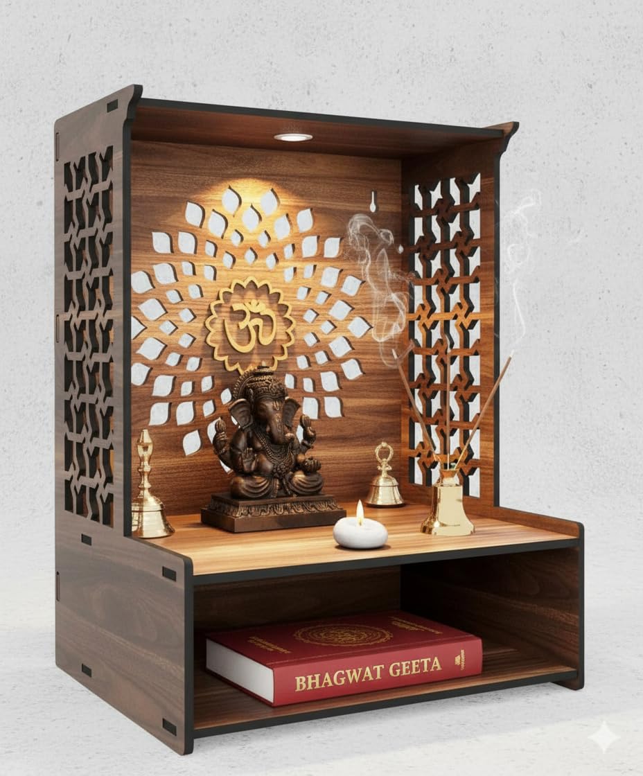 Royal Walnut Finish Wooden Pooja Mandir | Wall Mounted Home Temple with LED Lights & Spacious Storage | Premium Handcrafted Puja Unit (37.5 * 29 * 25 CM) (Large) A9