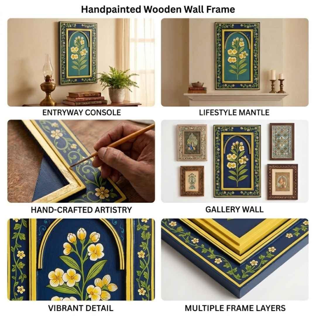ATRANGI STUDIO Chameli Handpainted Wooden Wall Frame | Rajasthani Traditional Craft | Decorative Floral Wall Hanging Art for Living room, Bedroom, Office | 12×18 Inch, Indigo
