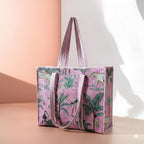 Handcrafted Quilted Cotton Tote Bag for Women, Printed Shoulder Bag with Jungle Animal Pattern, Lightweight Reusable Shopping & Daily Carry Tote, Large Size 18 x 18 x 5 Inches (Pink)