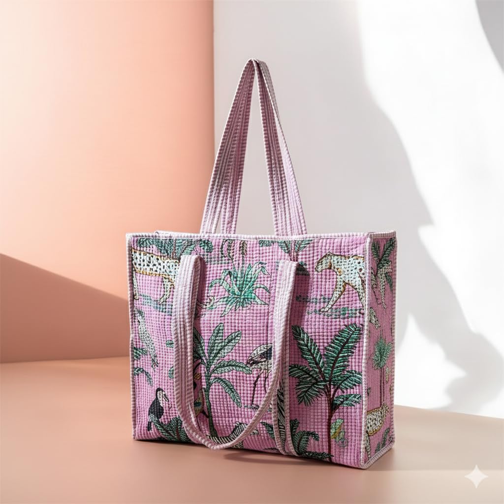 Handcrafted Quilted Cotton Tote Bag for Women, Printed Shoulder Bag with Jungle Animal Pattern, Lightweight Reusable Shopping & Daily Carry Tote, Large Size 18 x 18 x 5 Inches (Pink)