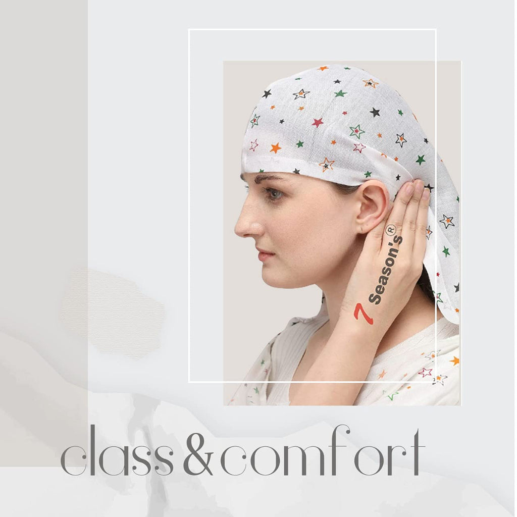 7 season's Cotton Long Scarf Cum Mask Universal Size Usable for vehicle Driver for sunlight UV protection White Printed Design For Girl & Women (star)