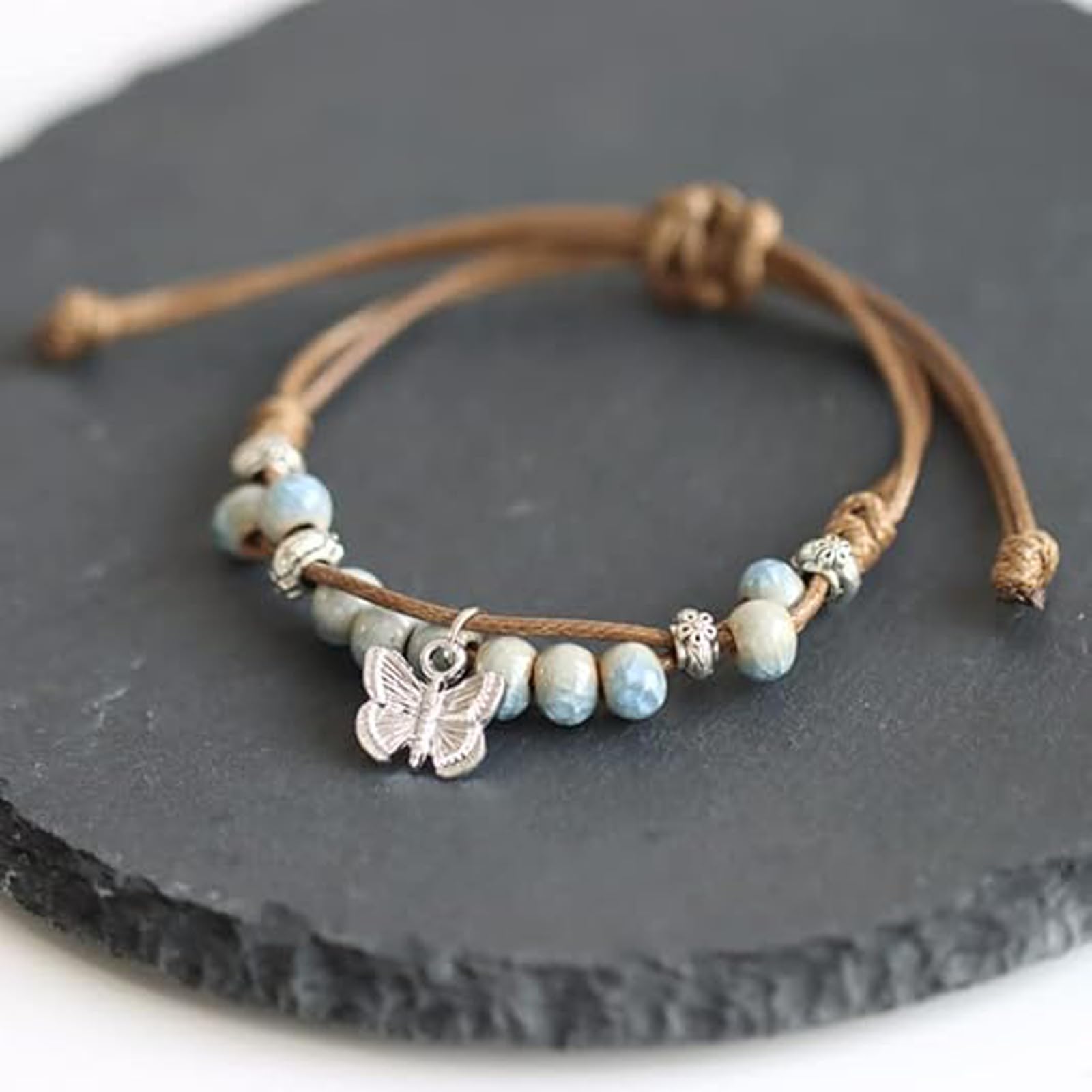 YUISI Butterfly Bracelet and Necklace Set for Women Handmade Adjustable Boho Beaded Jewelry Nature Theme Zen Meditation Gift for Valentine's Day Birthday Anniversary