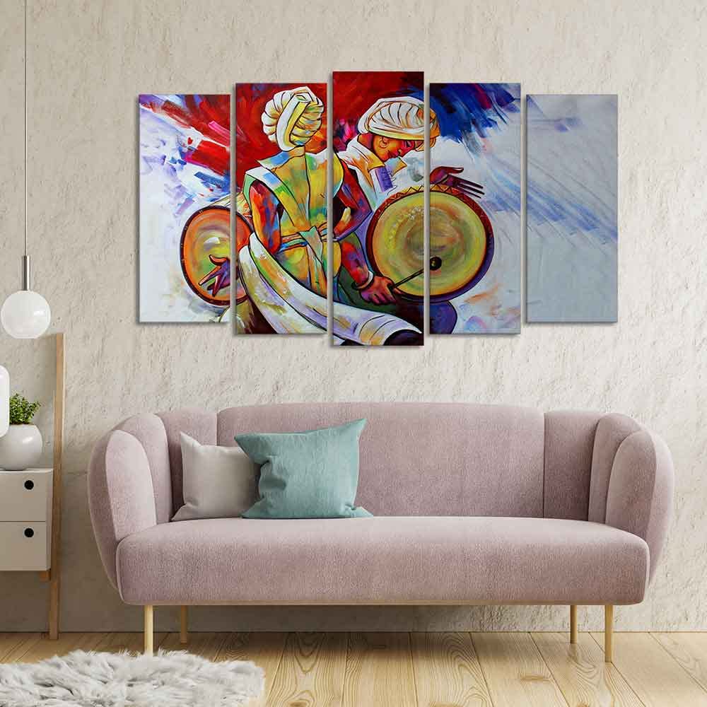 VIBECRAFTS Abstract Art Folk Dance Wall Painting of Five Pieces Set For Home|Office|Living Room|Gift (PTVC5Pcs2_6583)