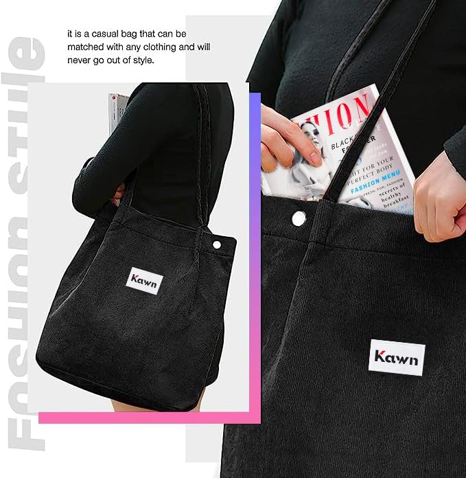 Kawn Women Corduroy Western Tote Bag Canvas Shoulder Cord Purse Reusable Shopping Bag Grocery Bag Large Capacity Washable Handbag Girls Shoulder Bag With Inner Pocket For Daily Use Work Travel (Black)