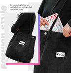 Kawn Women Corduroy Western Tote Bag Canvas Shoulder Cord Purse Reusable Shopping Bag Grocery Bag Large Capacity Washable Handbag Girls Shoulder Bag With Inner Pocket For Daily Use Work Travel (Black)