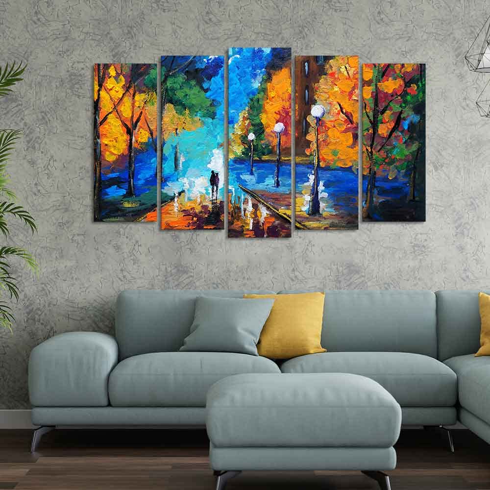 VIBECRAFTS Couple Walking in City Park Canvas Wall Painting Set of Five For Home|Office|Living Room|Gift (PTVC5Pcs2_6518)