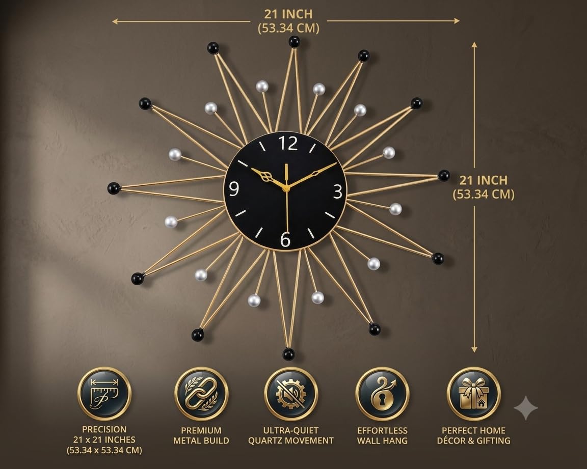 Mahira Artefacts Metal Sunburst Wall Clock with Gold & Black Accents