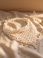 Hair Drama Co. Boho Crochet Scarf with Celestial Charms For Women | Small Size Off White Crochet Headscarf | Bohemian Bandana Scarves | Cotton Thread Headband Scarfs for All Seasons