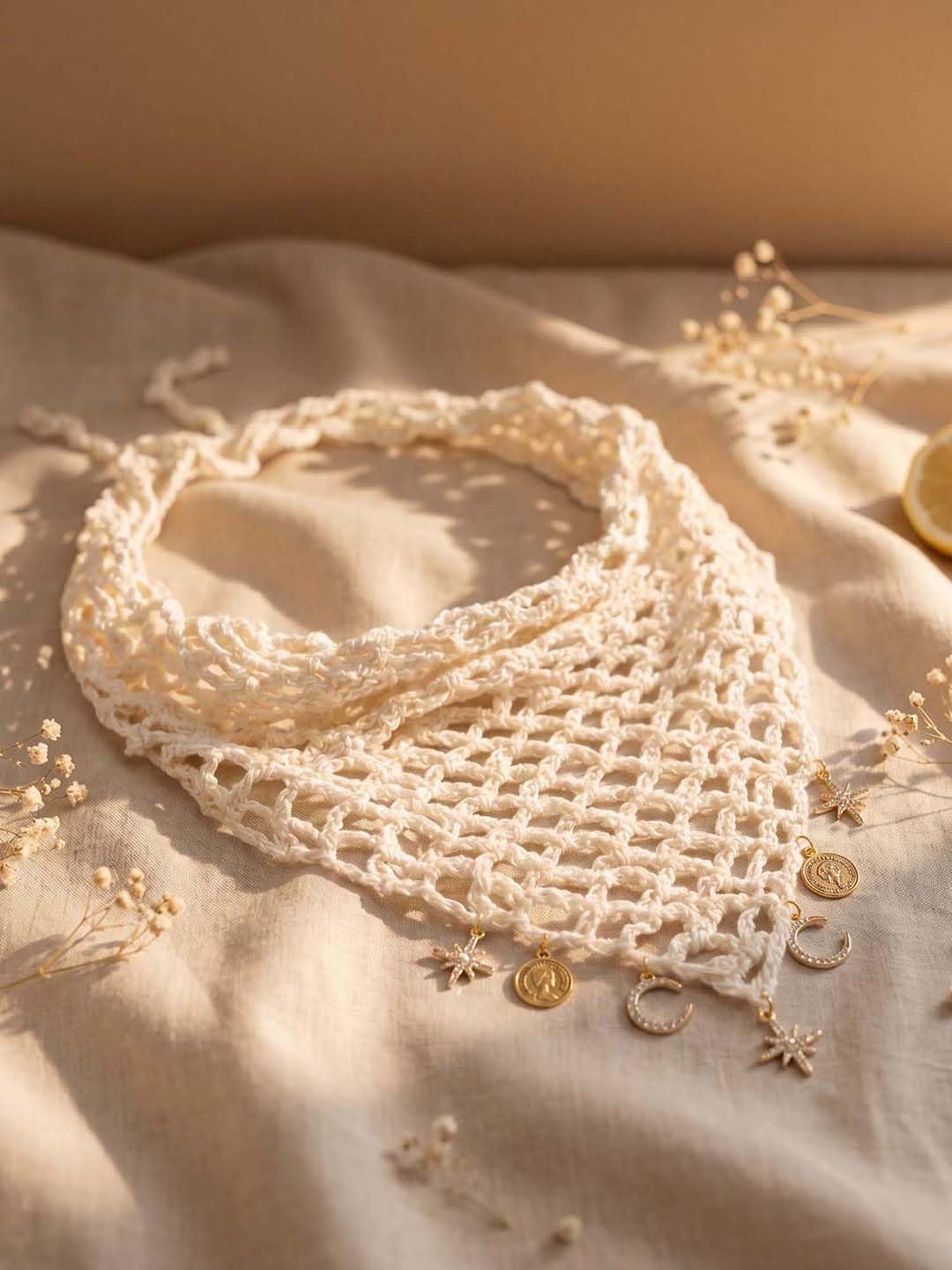 Hair Drama Co. Boho Crochet Scarf with Celestial Charms For Women | Small Size Off White Crochet Headscarf | Bohemian Bandana Scarves | Cotton Thread Headband Scarfs for All Seasons