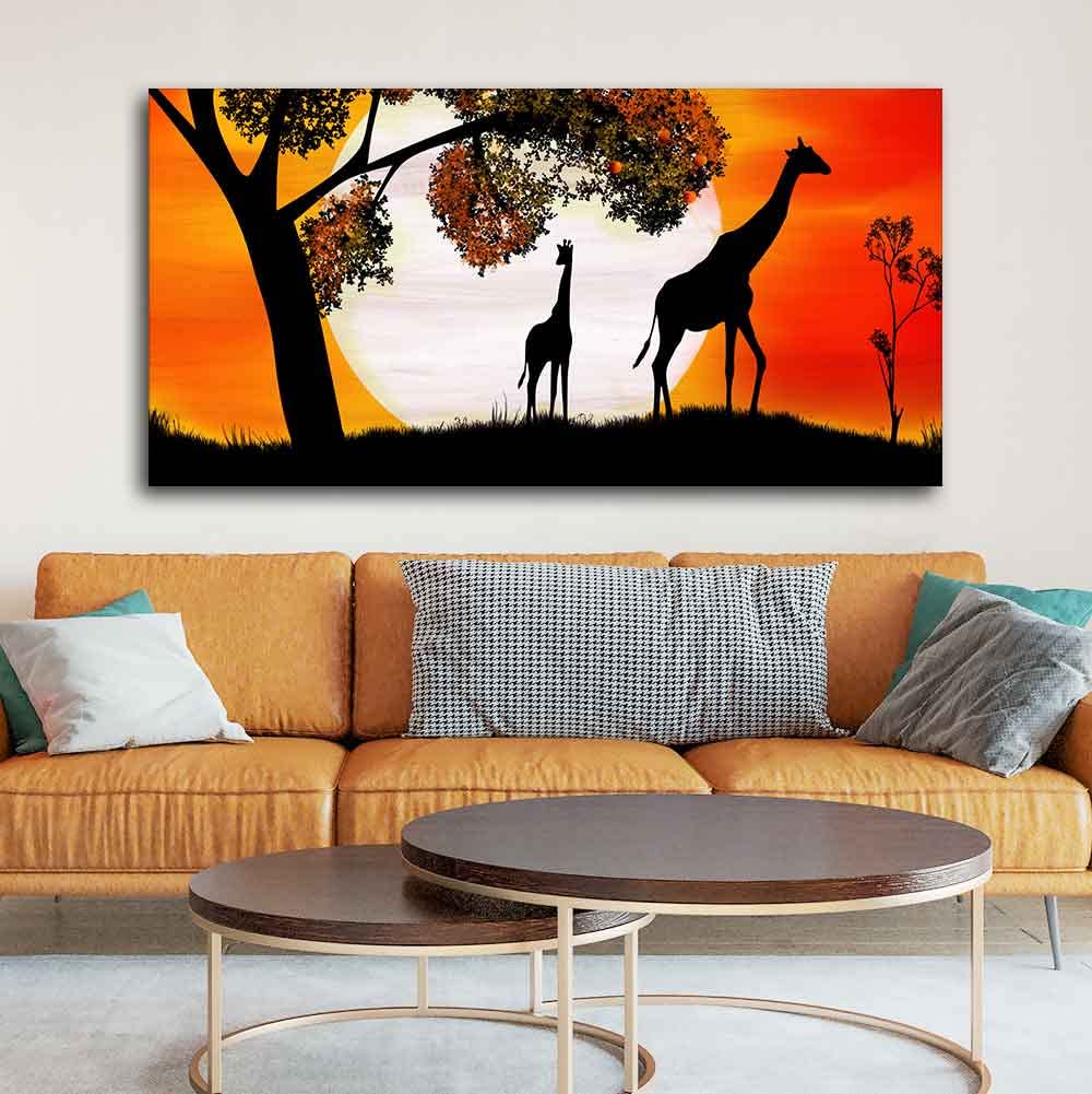 VIBECRAFTS Canvas Paintings for Living Room Drawing Room Pair Of Giraffe Under A Tree In Sunset Canvas Wall Painting Fitted With Wooden Frame for Home | Office | Gift (PTVCH_2404)