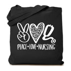TSIIUO Peace Love Nursing Stethoscope Reusable Cotton Canvas Tote Bags for Women Funny Nurse Life Grocery Shopping Bag, Black, 15.8 x 13.5 inches