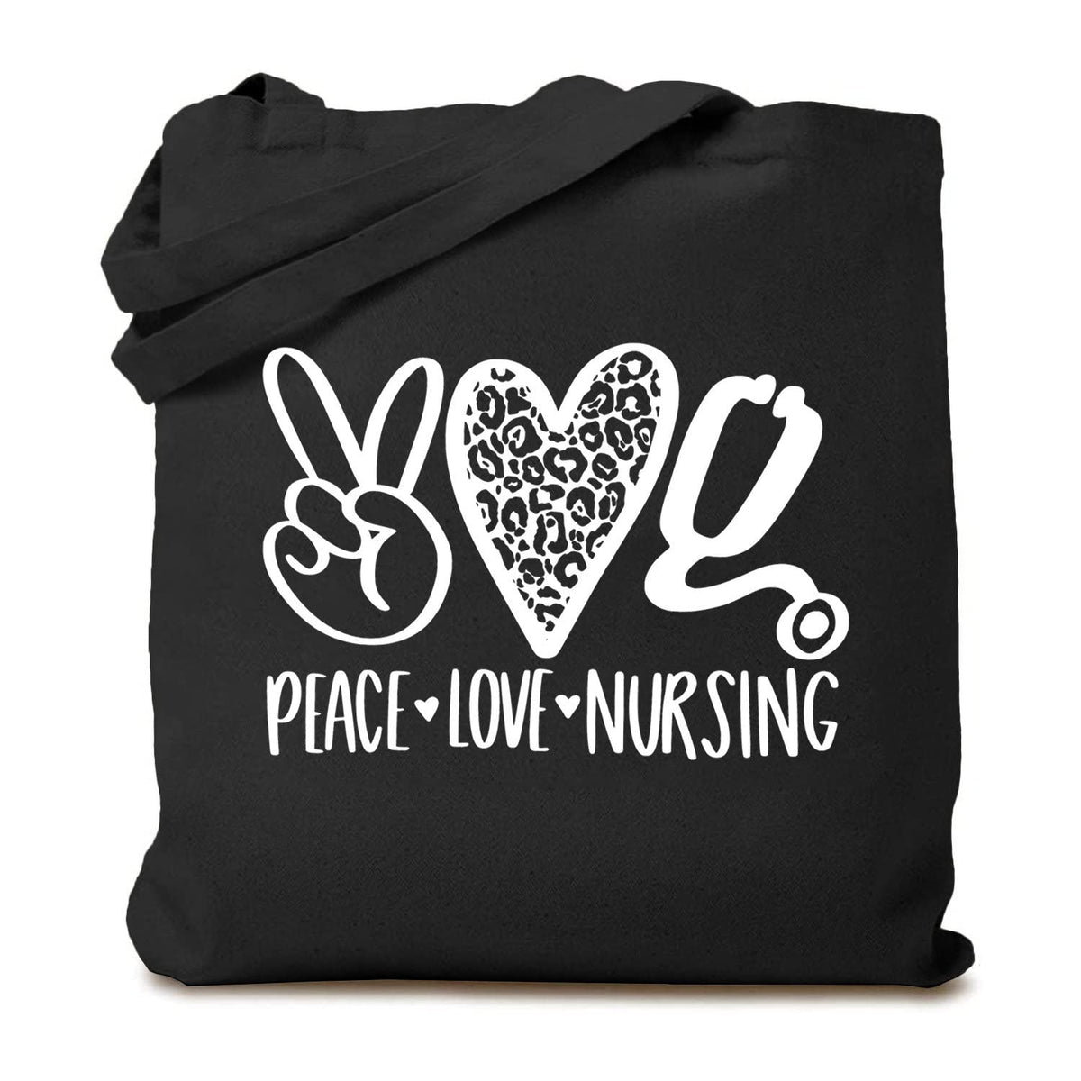 TSIIUO Peace Love Nursing Stethoscope Reusable Cotton Canvas Tote Bags for Women Funny Nurse Life Grocery Shopping Bag, Black, 15.8 x 13.5 inches