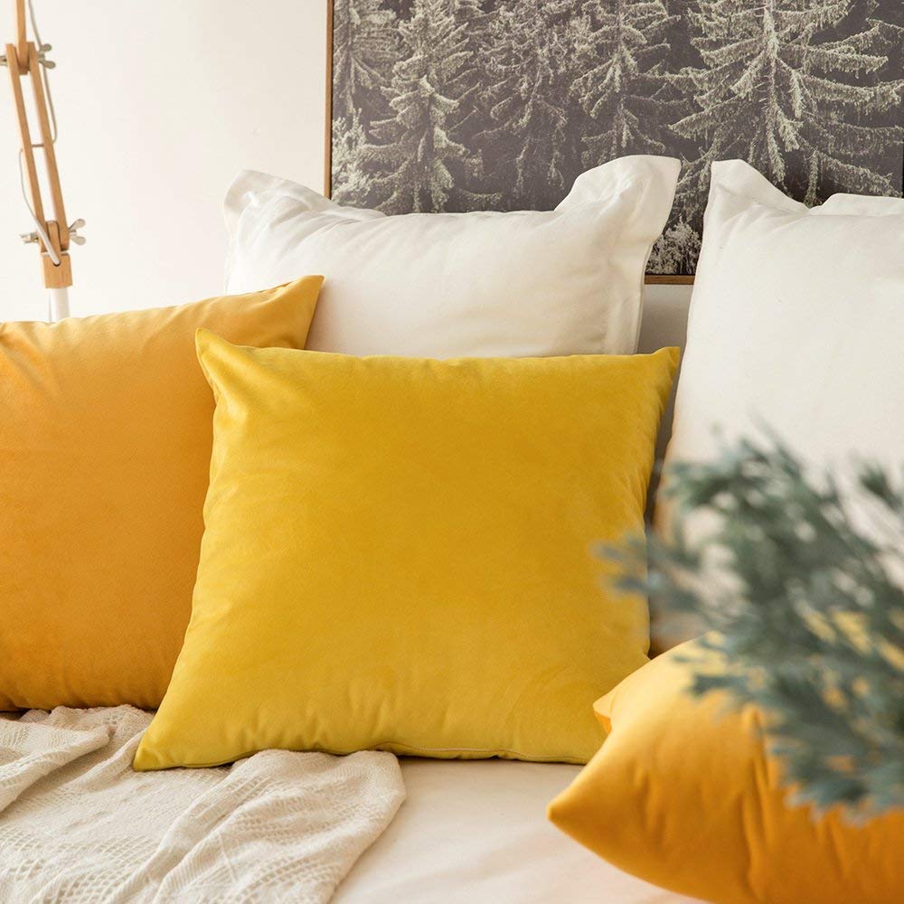Khooti Velvet Cushion Cover, 26x26 | Orange Yellow | Pack of 3 | Solid Plain Soft & Smooth, Decorative Cushion Covers for Living Room, Bedroom, Couches, Chairs, Sofas, Beds & Home Decor