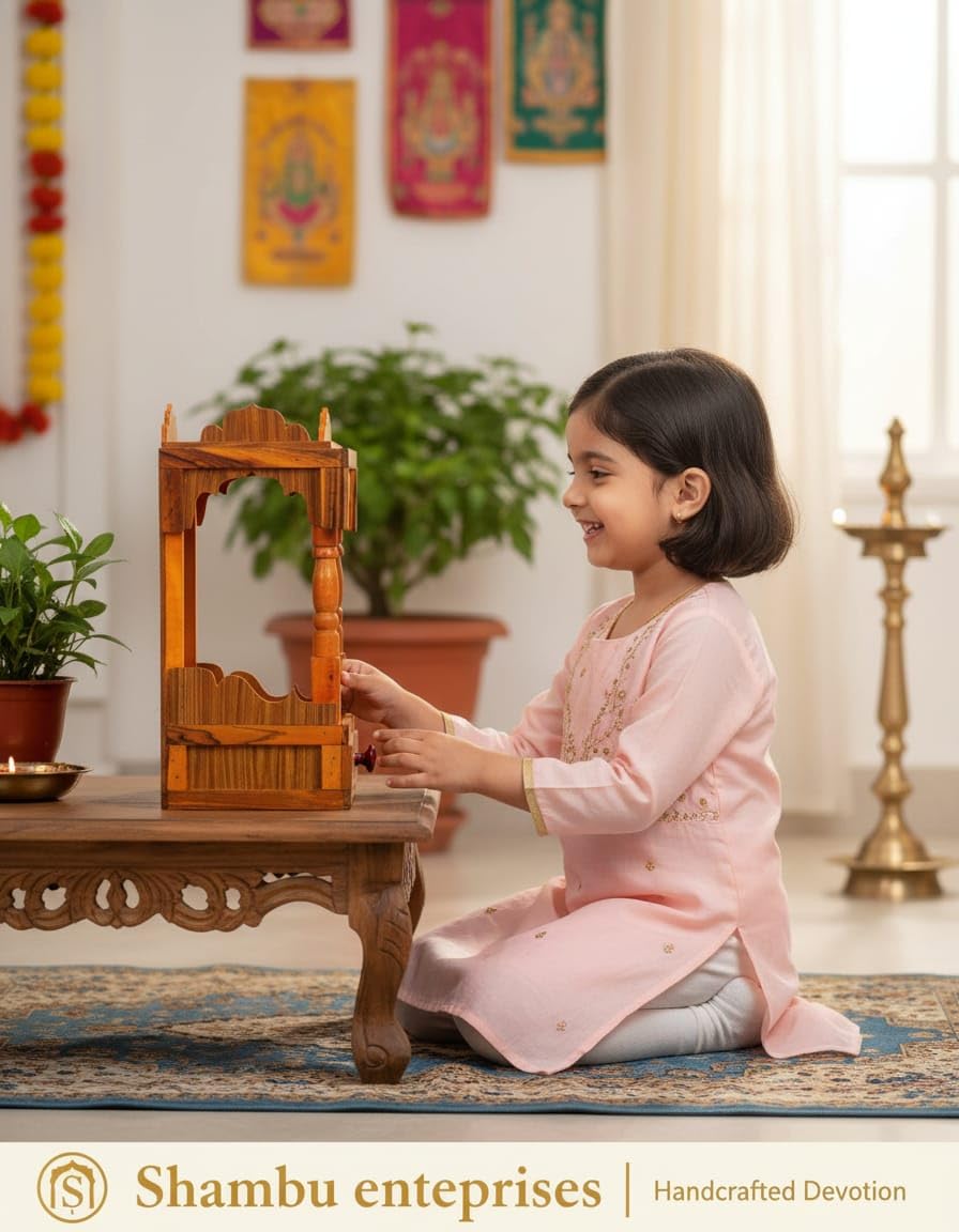 Handcrafted Wooden Mandir for Home & Office (45 x 32 x 22 CM) - Traditional Hindu Temple with Storage Drawer - Teak Finish Wall Hanging Puja Shelf for Daily Prayer and Festivals.