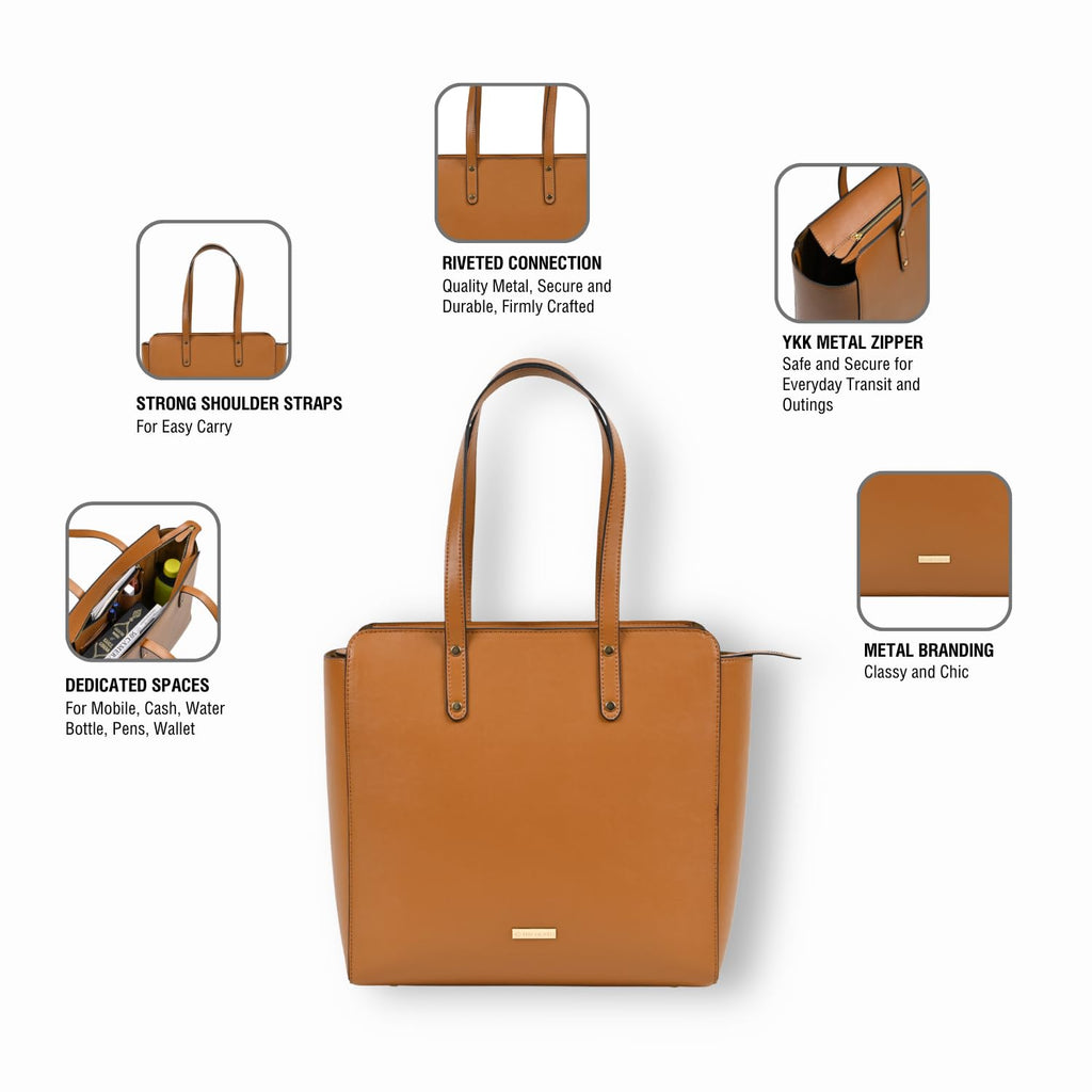 The Gusto Beyond Plus - Premium Vegan Leather Tote Bag for Women, Big Size, Tan | Stylish Handbag for women with Zip Closure | Fit for Office Bag, College, Travel Use | Handcrafted in India