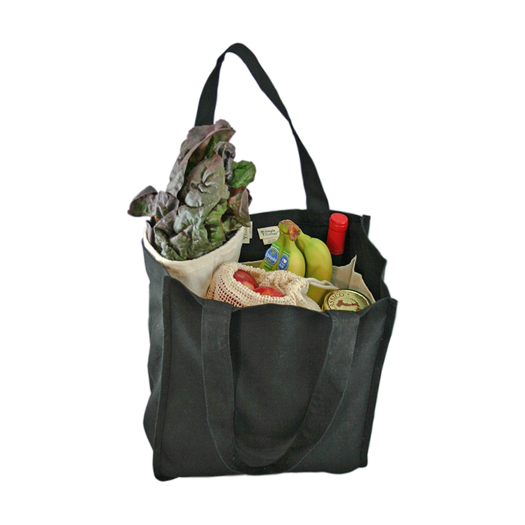 Black : Simple Ecology Organic Cotton Deluxe Reusable Grocery Bag with Bottle Sleeves - Black